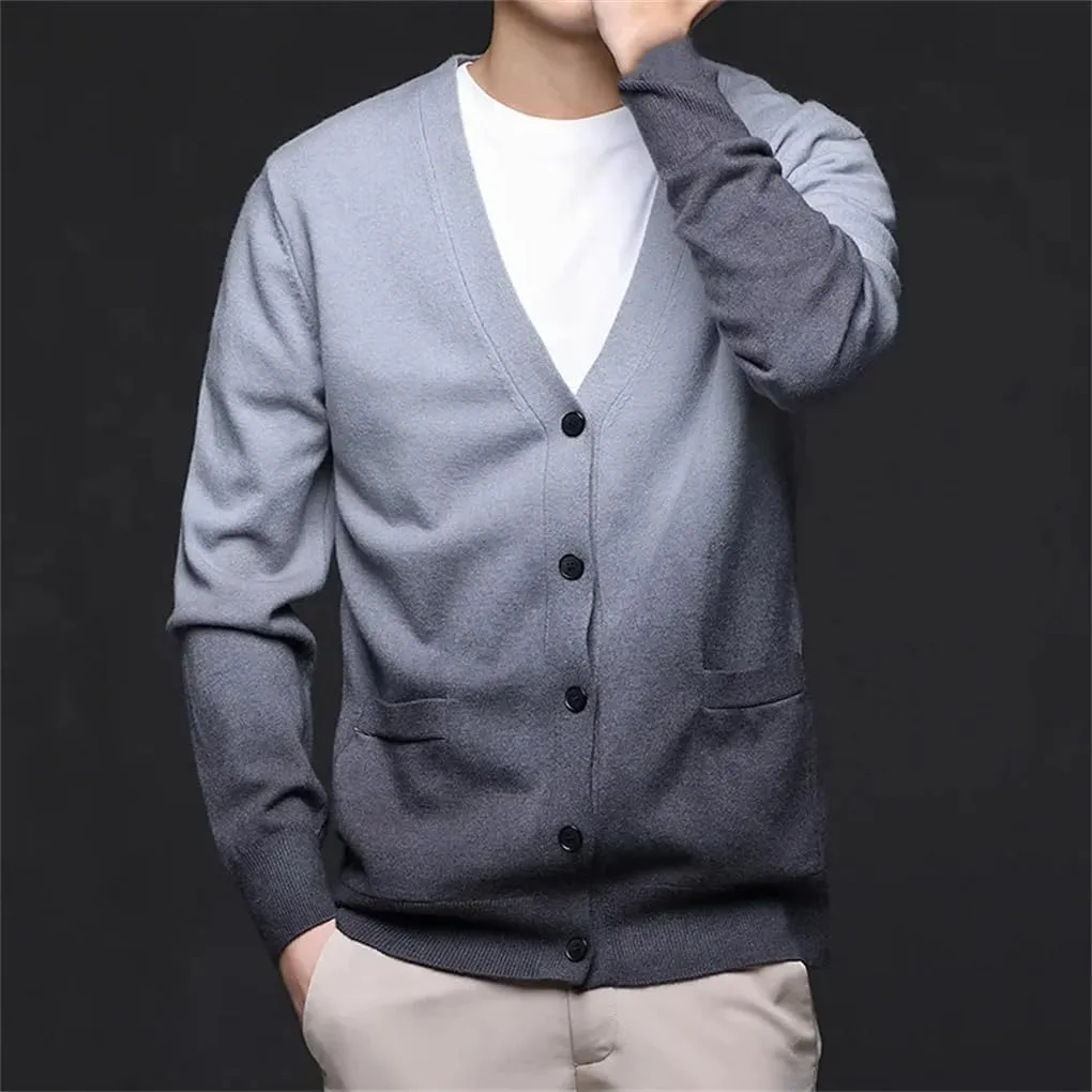 Men's V-Neck Gradient Casual Knitted Cardigan Jacket Solid Color Casual Loose Simple Sweater Cardigan