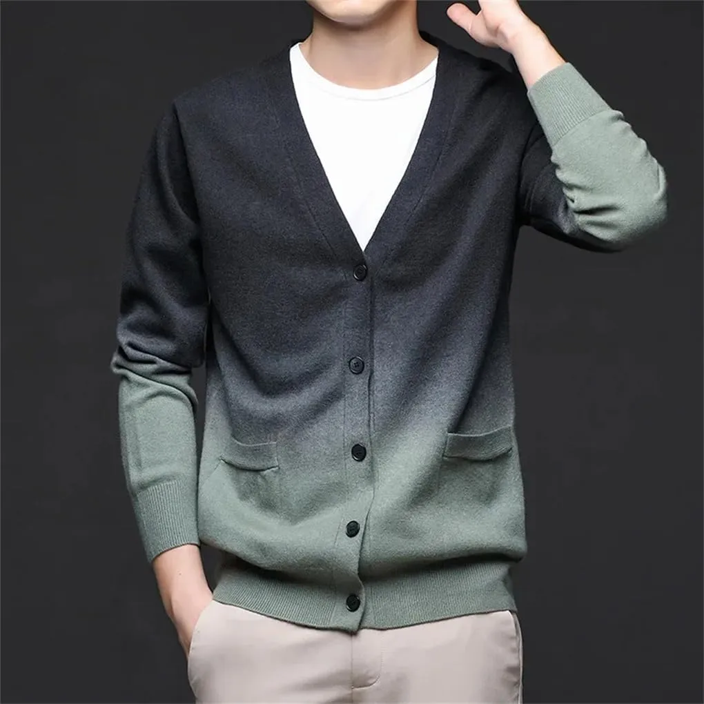 Men's V-Neck Gradient Casual Knitted Cardigan Jacket Solid Color Casual Loose Simple Sweater Cardigan