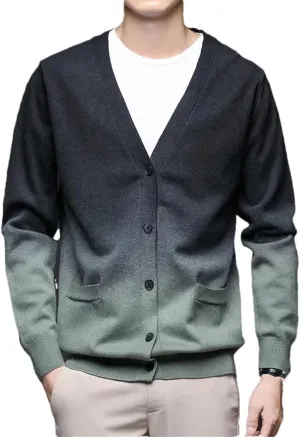 Men's V-Neck Gradient Casual Knitted Cardigan Jacket Solid Color Casual Loose Simple Sweater Cardigan