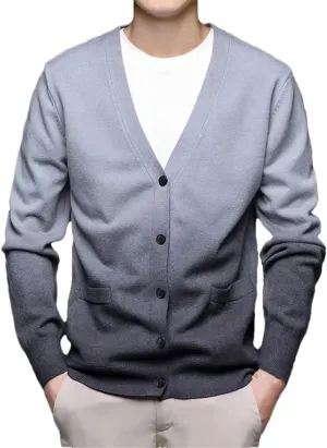 Men's V-Neck Gradient Casual Knitted Cardigan Jacket Solid Color Casual Loose Simple Sweater Cardigan