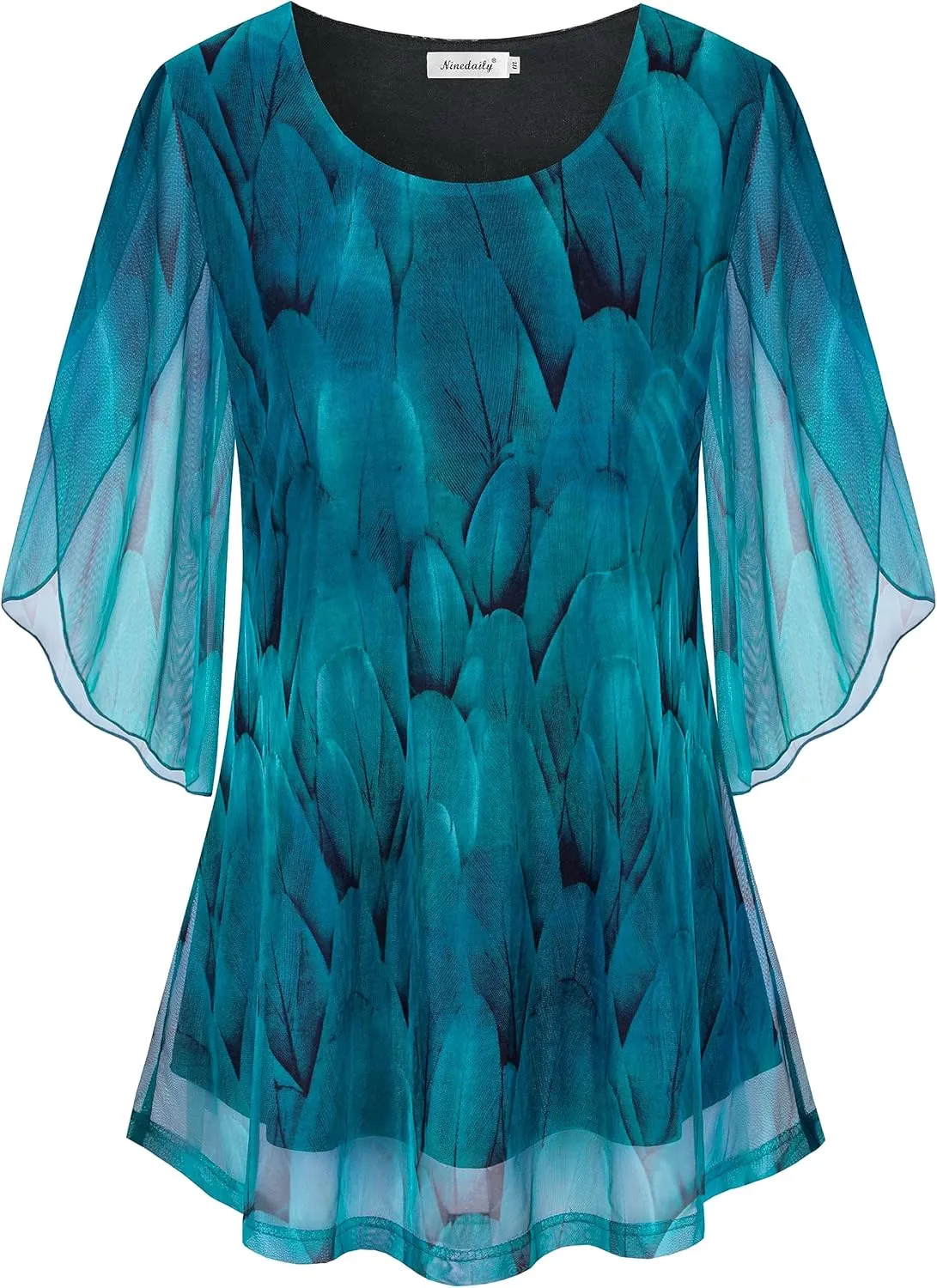 Ninedaily Women's Tops 3/4 Sleeve Blouses Dressy Casual Double Layers Mesh Tunic Shirts