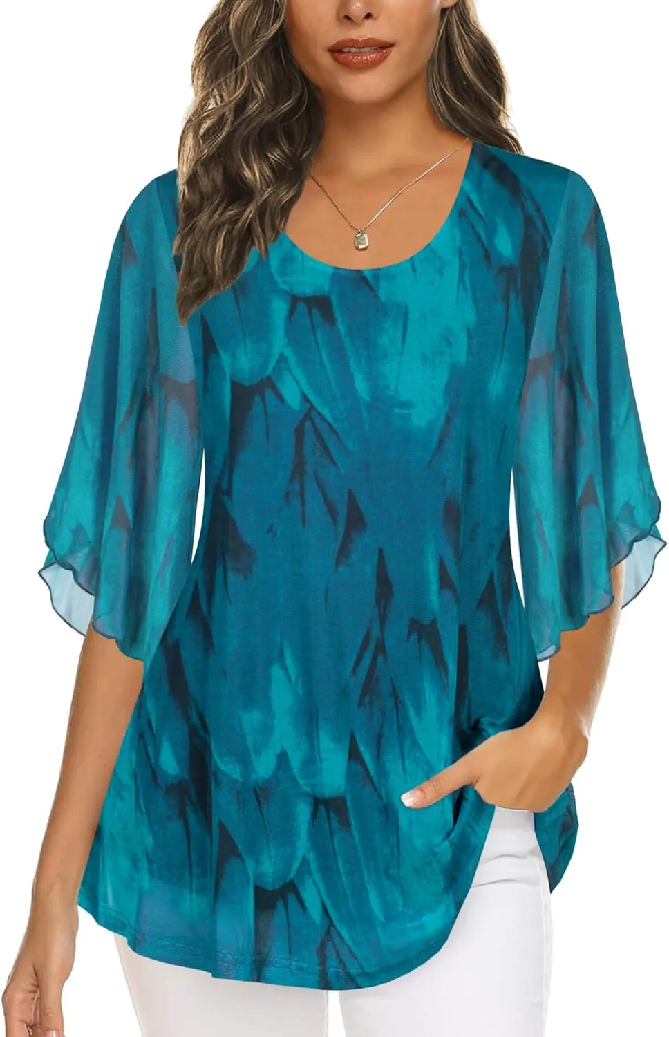 Ninedaily Women's Tops 3/4 Sleeve Blouses Dressy Casual Double Layers Mesh Tunic Shirts