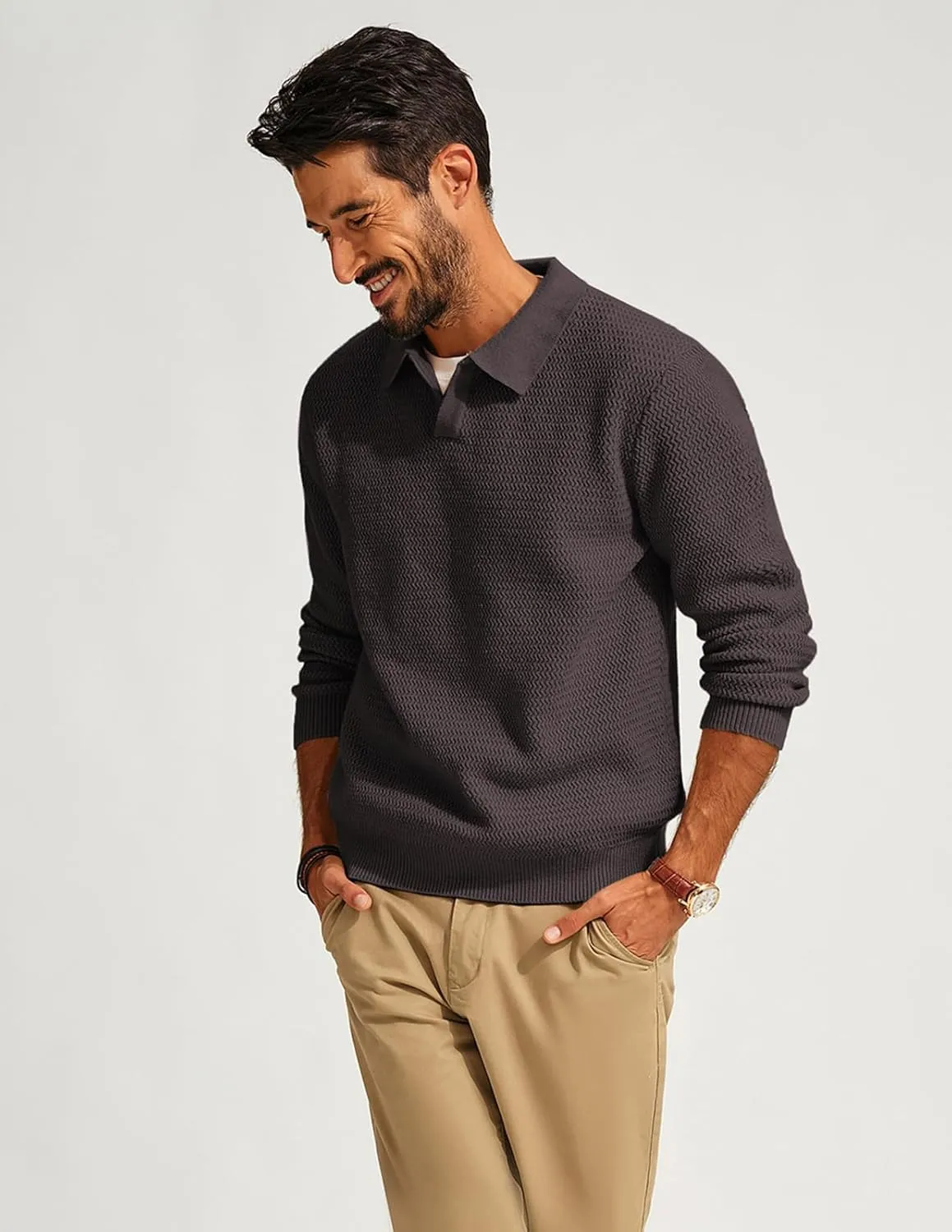 PJ PAUL JONES Men's Polo Shirts Long Sleeve Knit Polo Sweater Cable Knit Textured Sweater