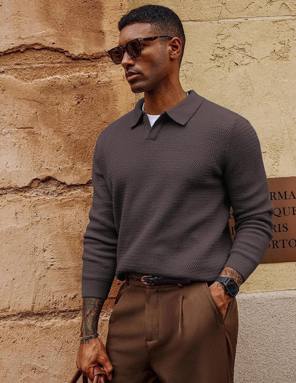 PJ PAUL JONES Men's Polo Shirts Long Sleeve Knit Polo Sweater Cable Knit Textured Sweater