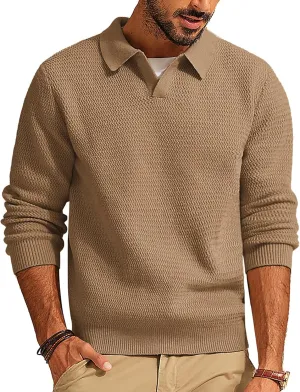 PJ PAUL JONES Men's Polo Shirts Long Sleeve Knit Polo Sweater Cable Knit Textured Sweater