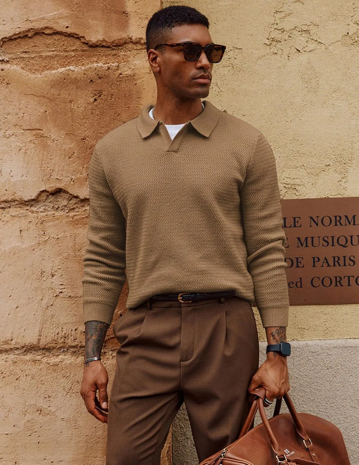 PJ PAUL JONES Men's Polo Shirts Long Sleeve Knit Polo Sweater Cable Knit Textured Sweater