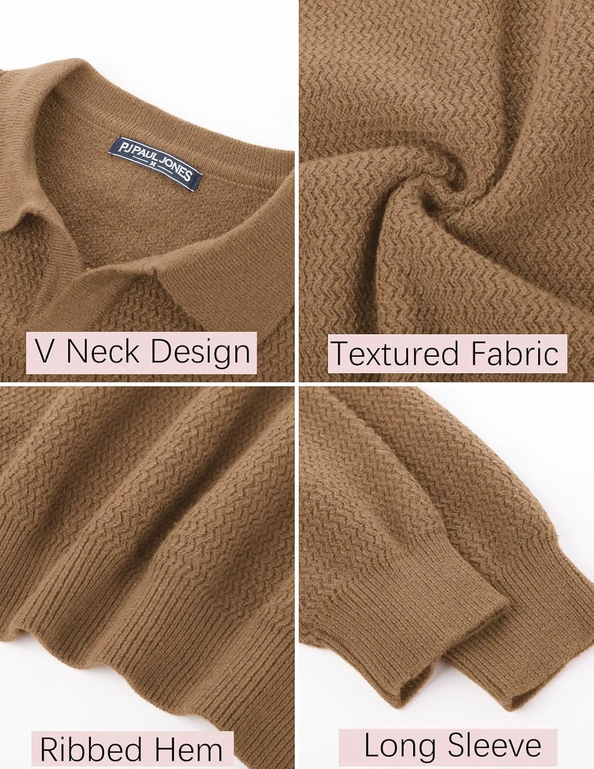 PJ PAUL JONES Men's Polo Shirts Long Sleeve Knit Polo Sweater Cable Knit Textured Sweater