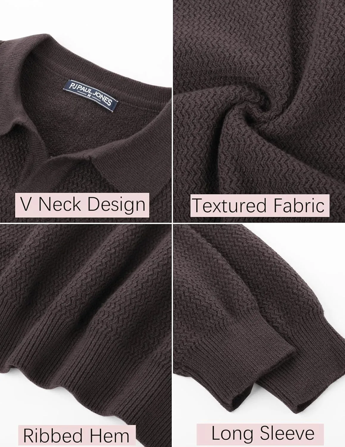 PJ PAUL JONES Men's Polo Shirts Long Sleeve Knit Polo Sweater Cable Knit Textured Sweater