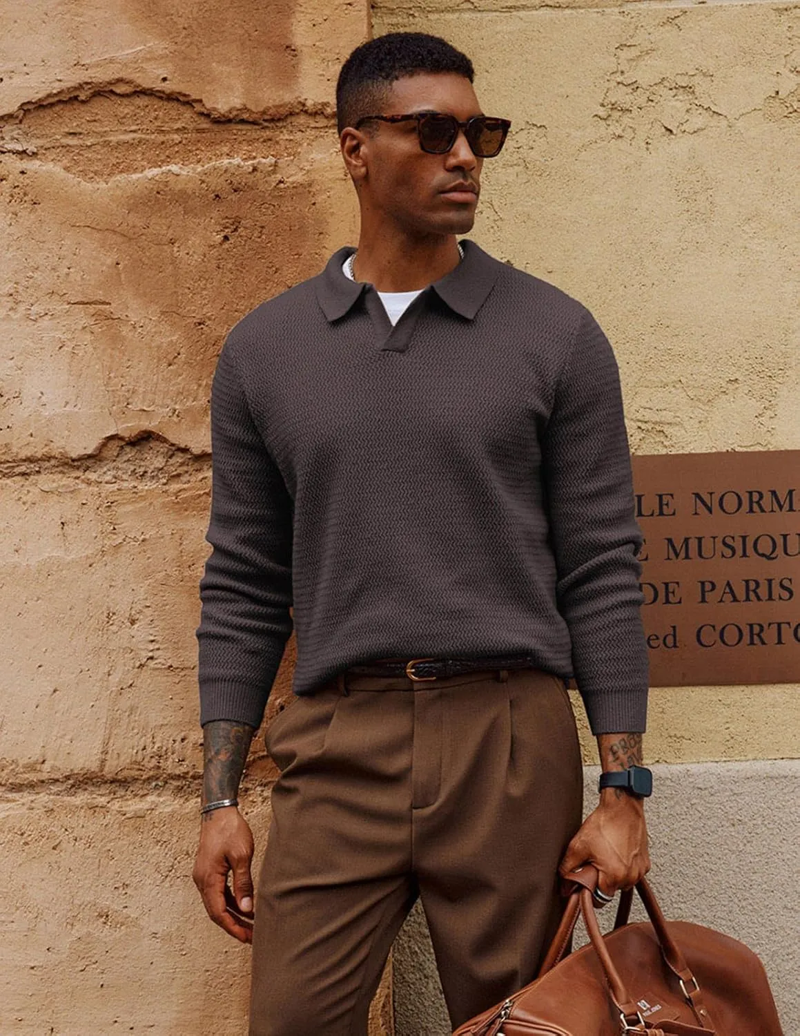 PJ PAUL JONES Men's Polo Shirts Long Sleeve Knit Polo Sweater Cable Knit Textured Sweater