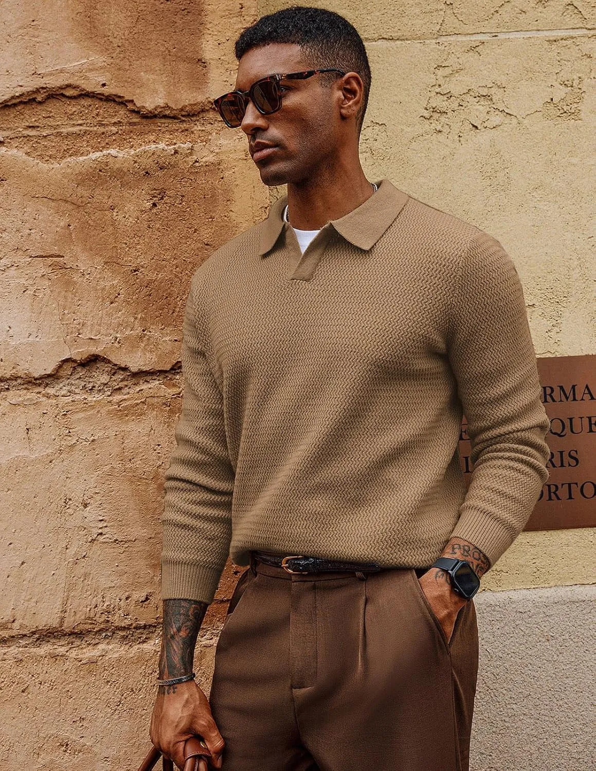 PJ PAUL JONES Men's Polo Shirts Long Sleeve Knit Polo Sweater Cable Knit Textured Sweater