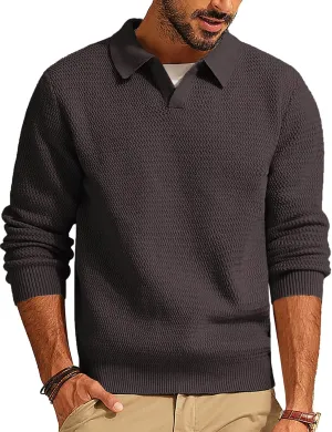PJ PAUL JONES Men's Polo Shirts Long Sleeve Knit Polo Sweater Cable Knit Textured Sweater
