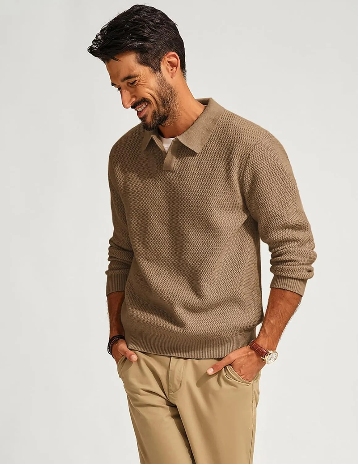 PJ PAUL JONES Men's Polo Shirts Long Sleeve Knit Polo Sweater Cable Knit Textured Sweater
