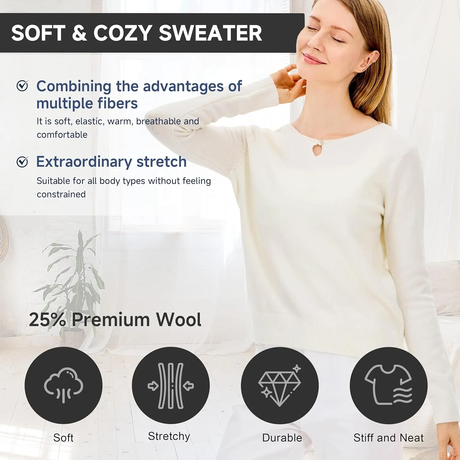 Simple&Opulence Women's Wool Crew Neck Sweater Long Sleeve Cropped Pullover Sweaters Cashmere-Like Texture S-XL