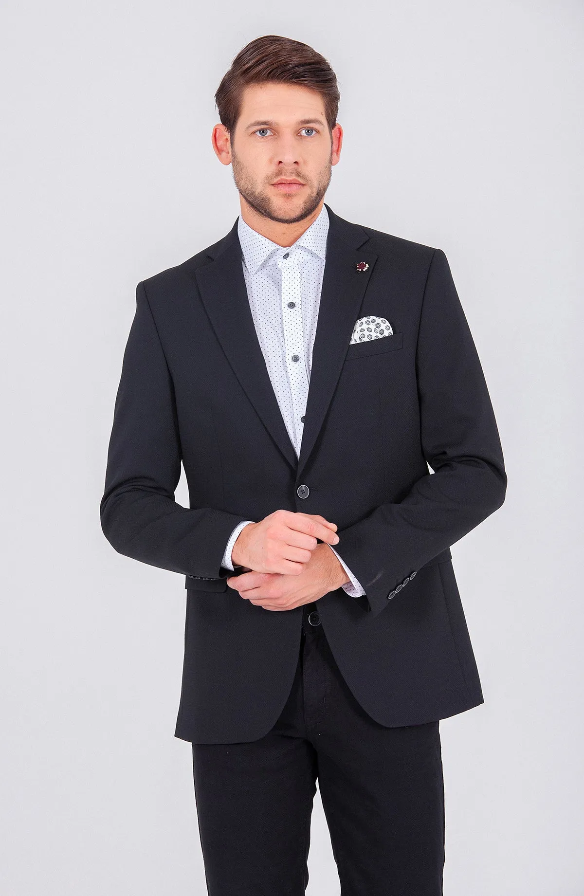 Slim Fit Notch Lapel Patterned Wool Blend Black Classic Blazer, Black D. 1