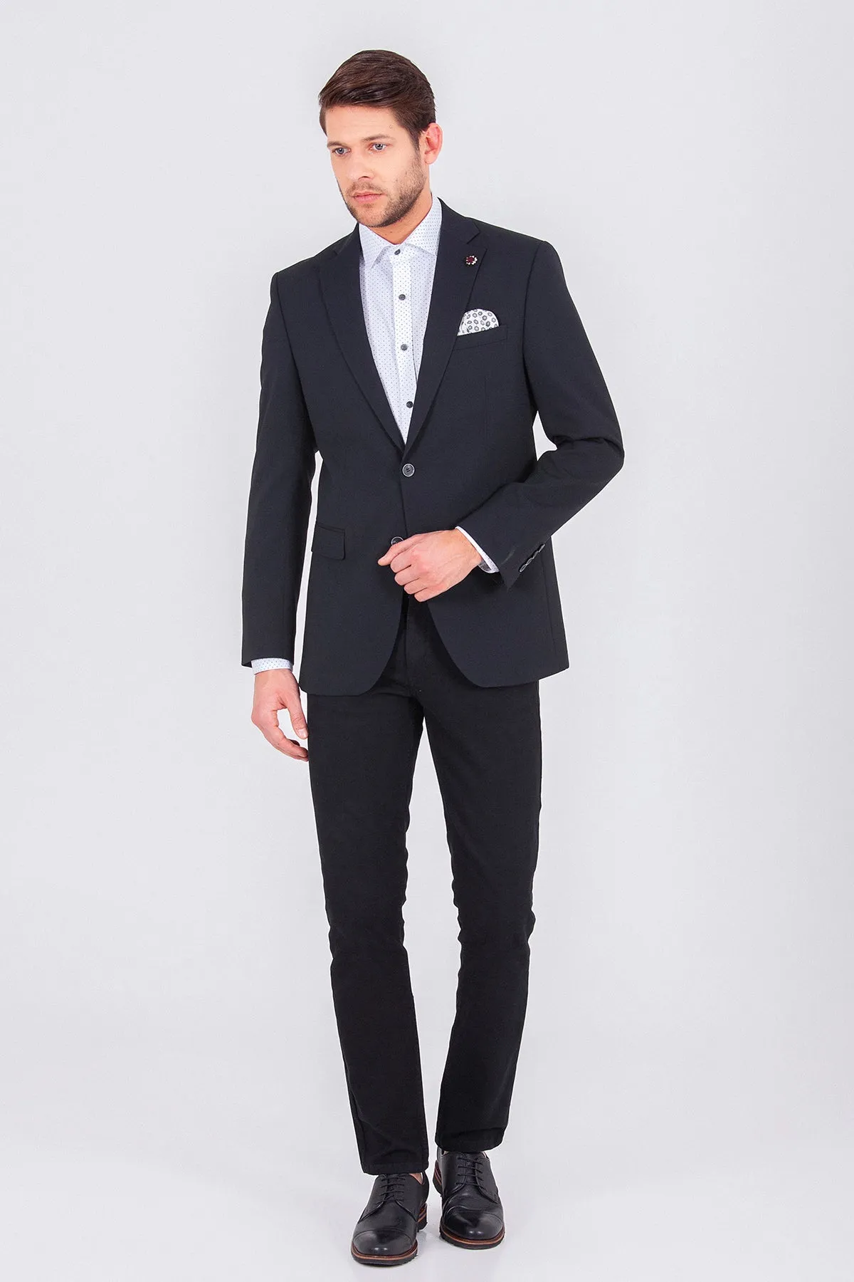 Slim Fit Notch Lapel Patterned Wool Blend Black Classic Blazer, Black D. 1