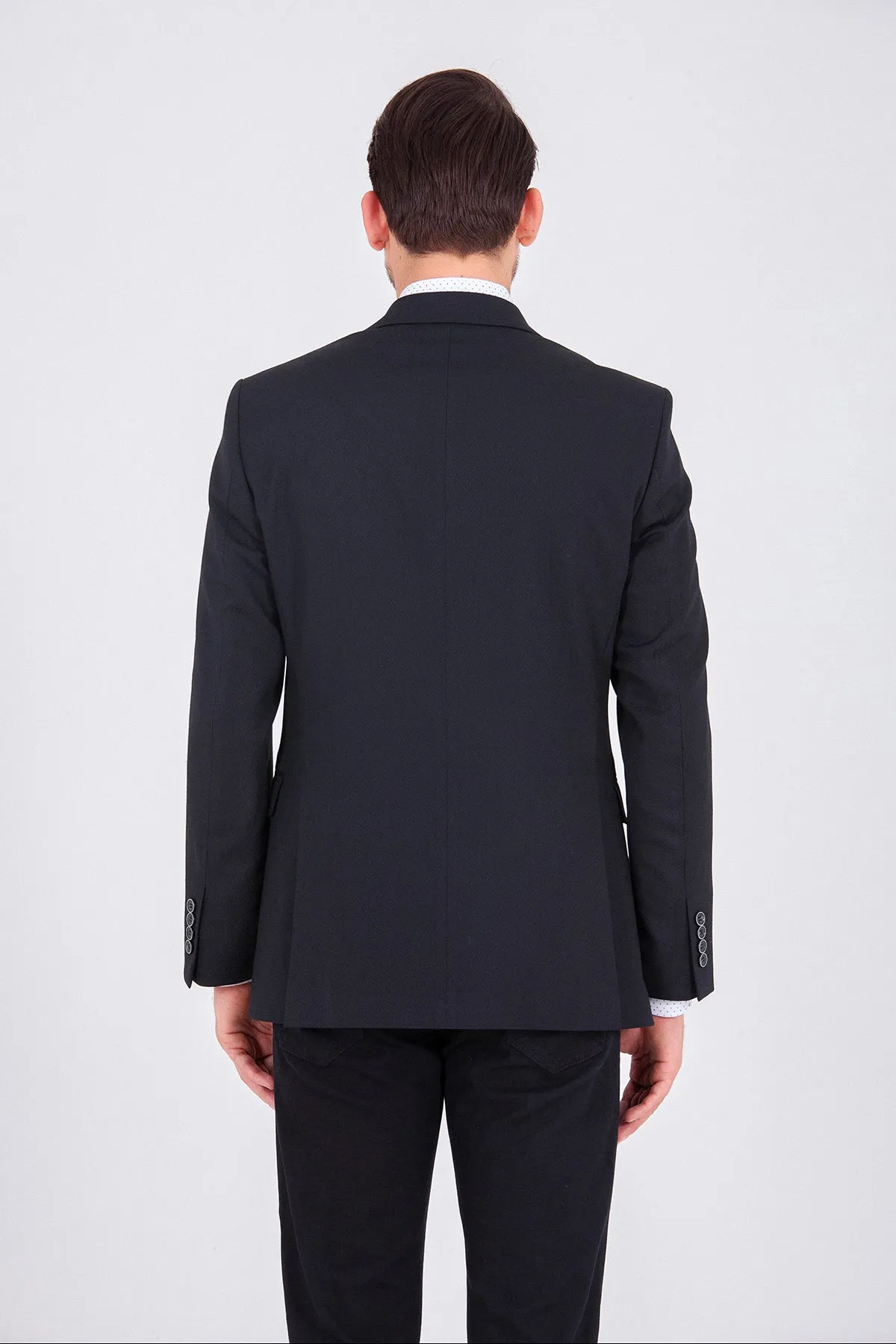 Slim Fit Notch Lapel Patterned Wool Blend Black Classic Blazer, Black D. 1