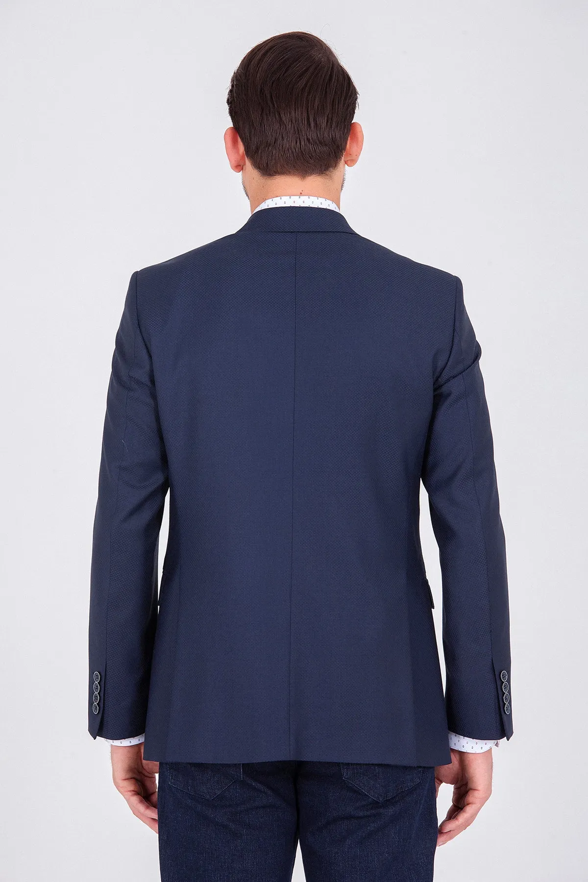Slim Fit Notch Lapel Patterned Wool Blend Black Classic Blazer, Dark Navy D.