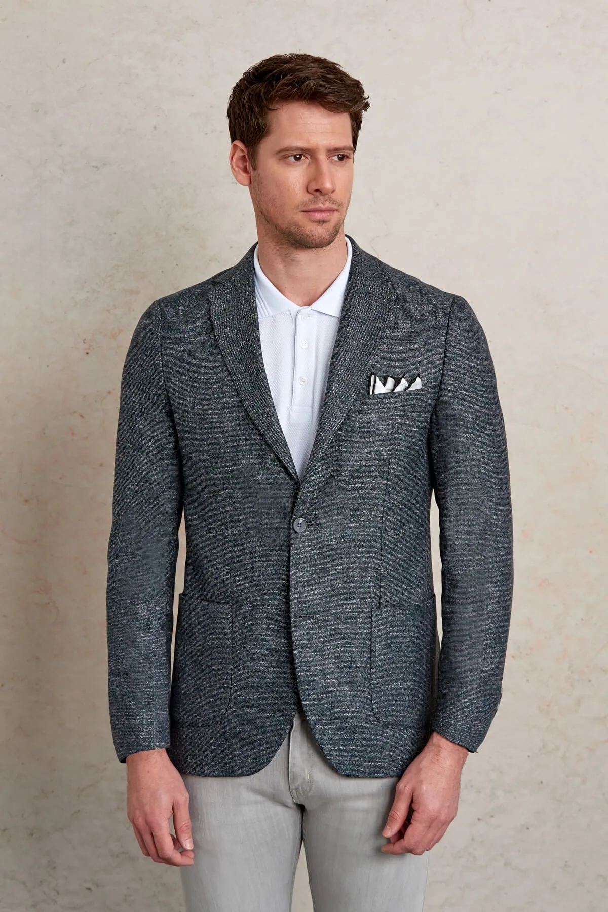 Slim Fit Notch Lapel Textured Khaki Casual Blazer