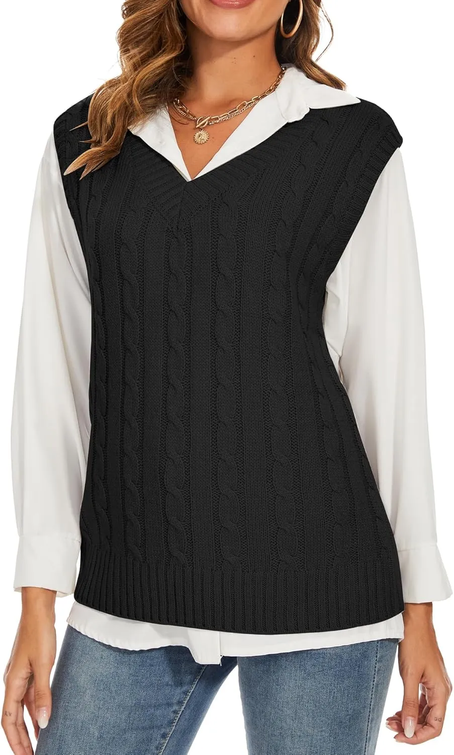 Spicy Sandia Women's V Neck Sweater Vest Oversized Sleeveless Cable-Knit Tops Chunky Loose Casual for Fall Winter