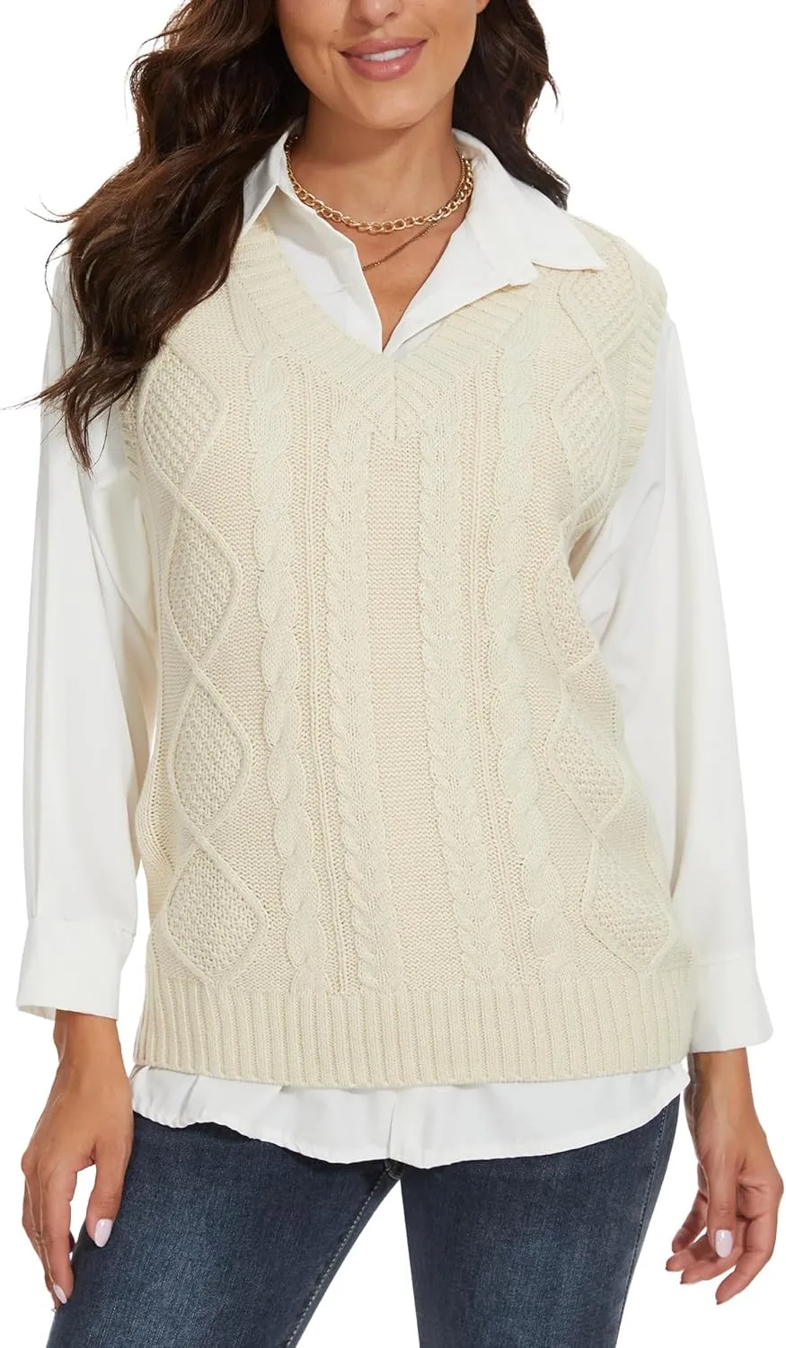Spicy Sandia Women's V Neck Sweater Vest Oversized Sleeveless Cable-Knit Tops Chunky Loose Casual for Fall Winter