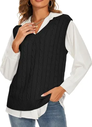 Spicy Sandia Women's V Neck Sweater Vest Oversized Sleeveless Cable-Knit Tops Chunky Loose Casual for Fall Winter