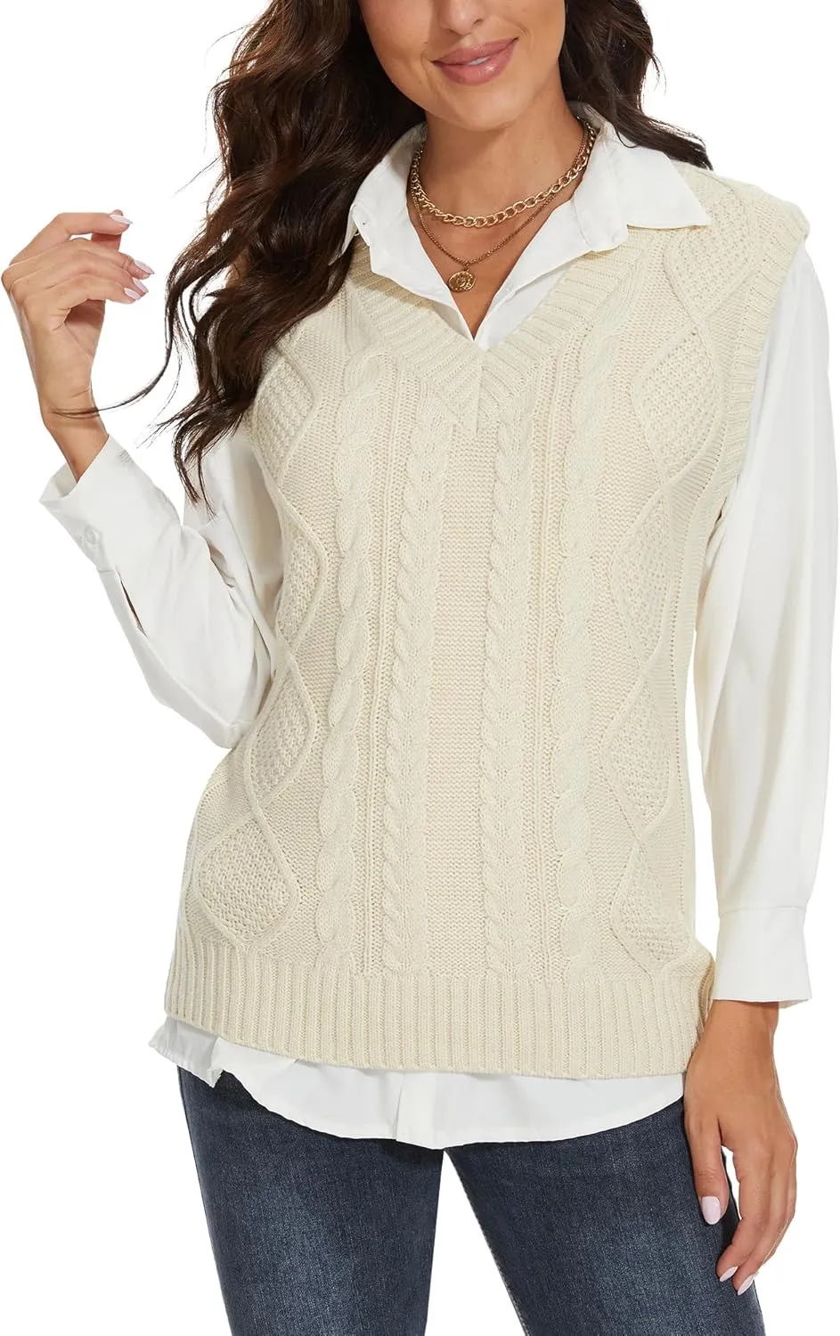 Spicy Sandia Women's V Neck Sweater Vest Oversized Sleeveless Cable-Knit Tops Chunky Loose Casual for Fall Winter