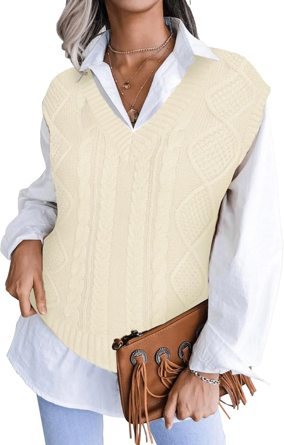 Spicy Sandia Women's V Neck Sweater Vest Oversized Sleeveless Cable-Knit Tops Chunky Loose Casual for Fall Winter