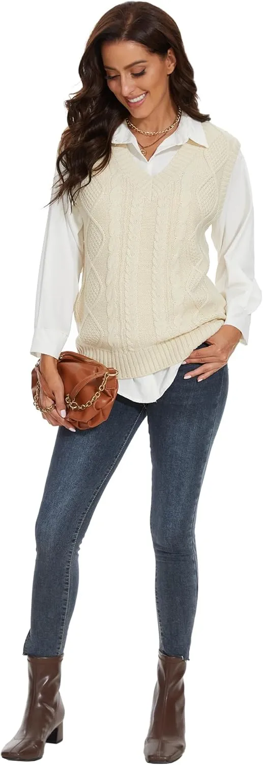 Spicy Sandia Women's V Neck Sweater Vest Oversized Sleeveless Cable-Knit Tops Chunky Loose Casual for Fall Winter