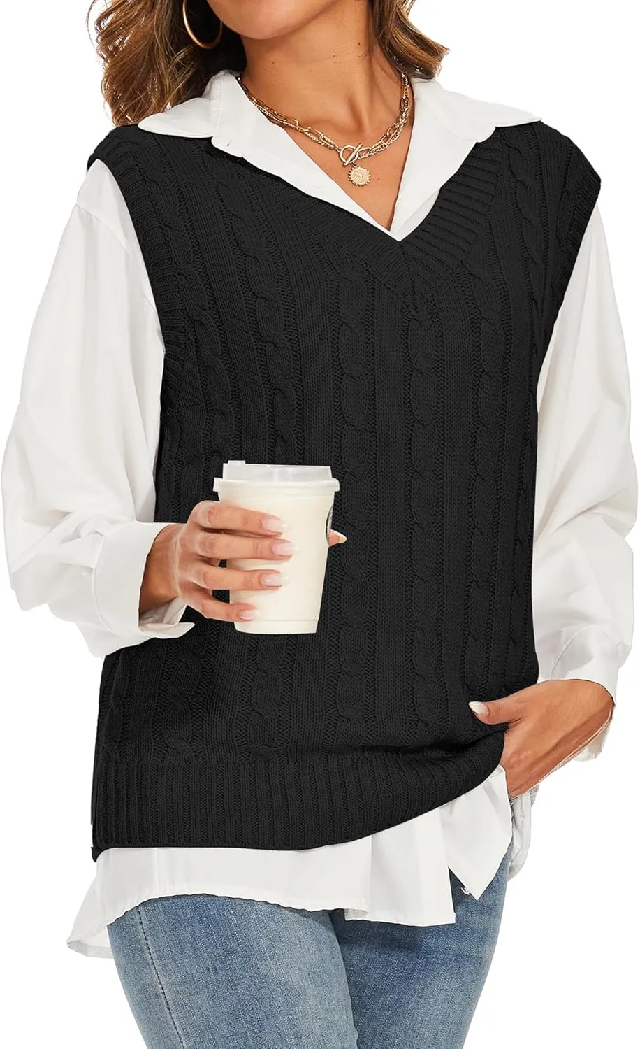 Spicy Sandia Women's V Neck Sweater Vest Oversized Sleeveless Cable-Knit Tops Chunky Loose Casual for Fall Winter
