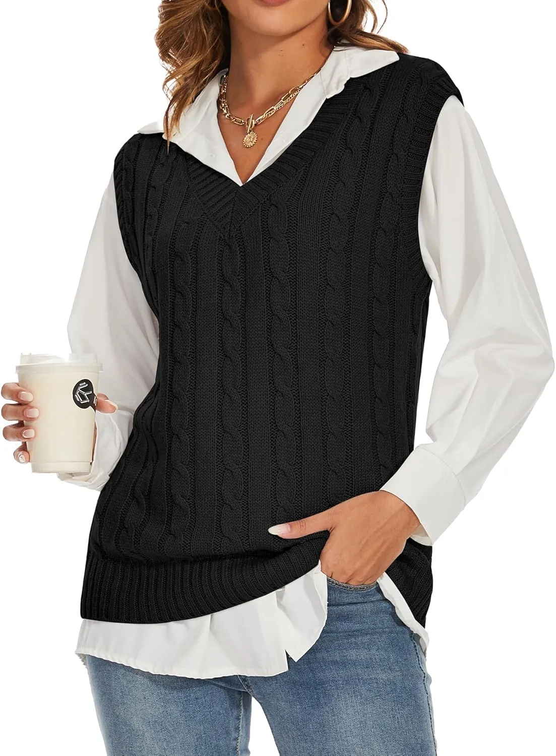 Spicy Sandia Women's V Neck Sweater Vest Oversized Sleeveless Cable-Knit Tops Chunky Loose Casual for Fall Winter