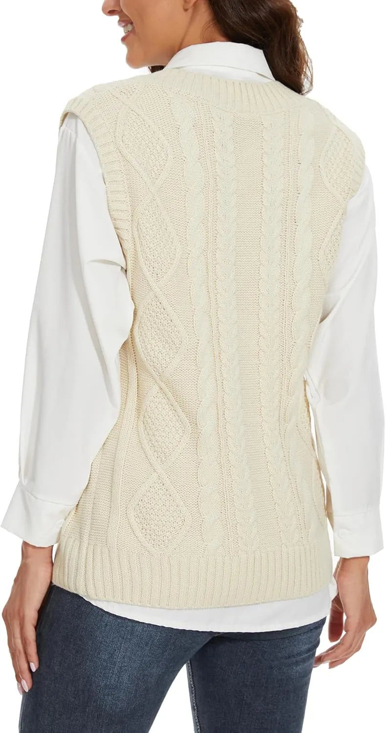 Spicy Sandia Women's V Neck Sweater Vest Oversized Sleeveless Cable-Knit Tops Chunky Loose Casual for Fall Winter