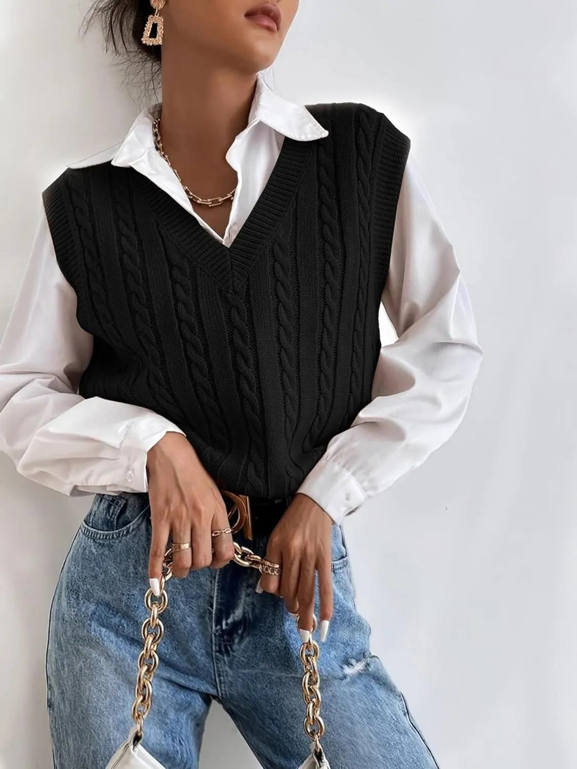 Spicy Sandia Women's V Neck Sweater Vest Oversized Sleeveless Cable-Knit Tops Chunky Loose Casual for Fall Winter