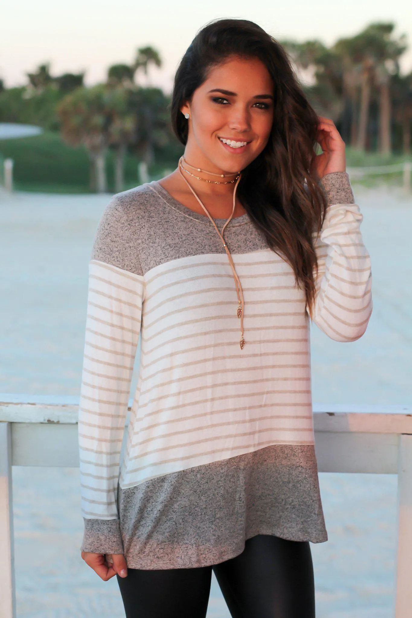 Taupe Striped Knit Top