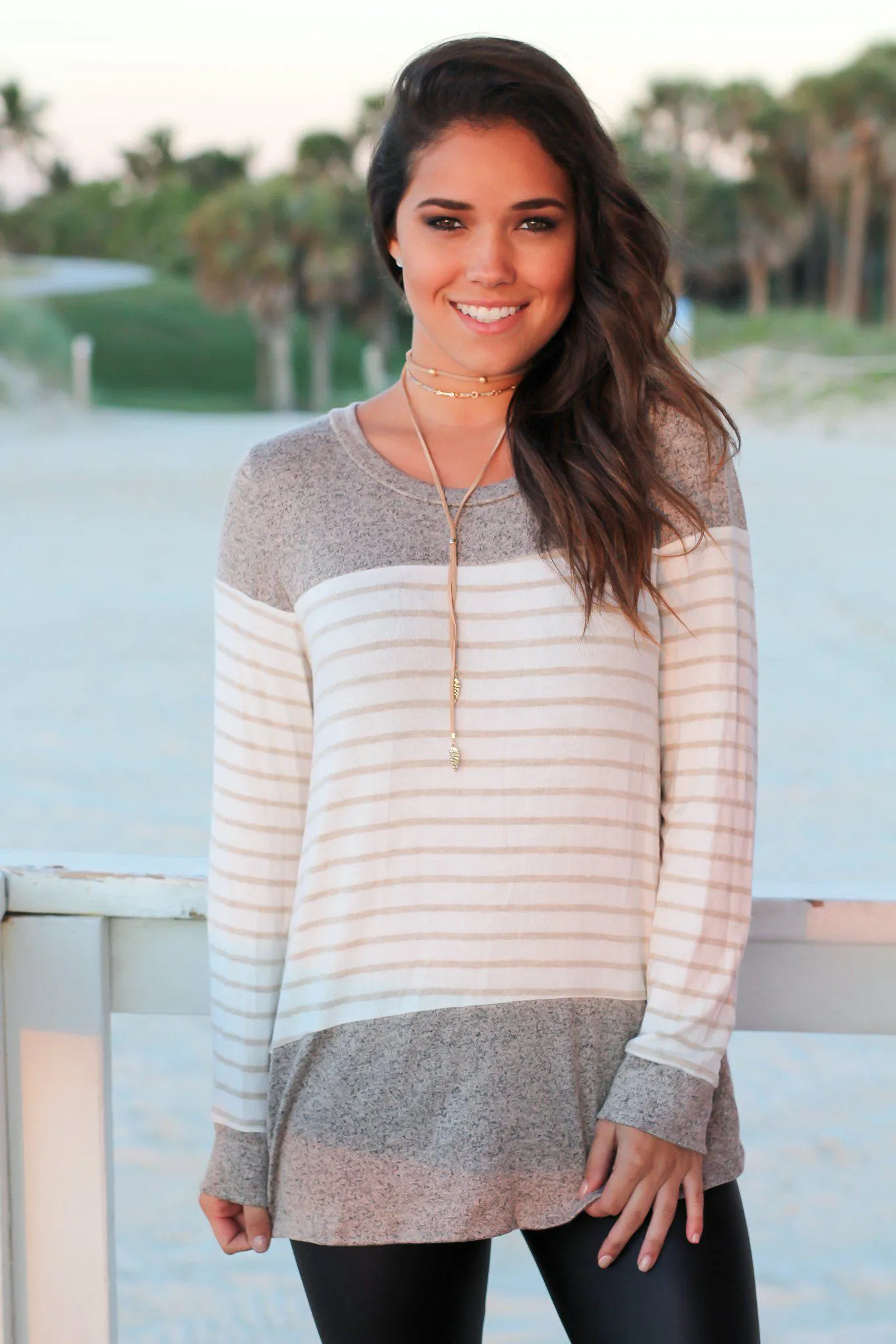 Taupe Striped Knit Top