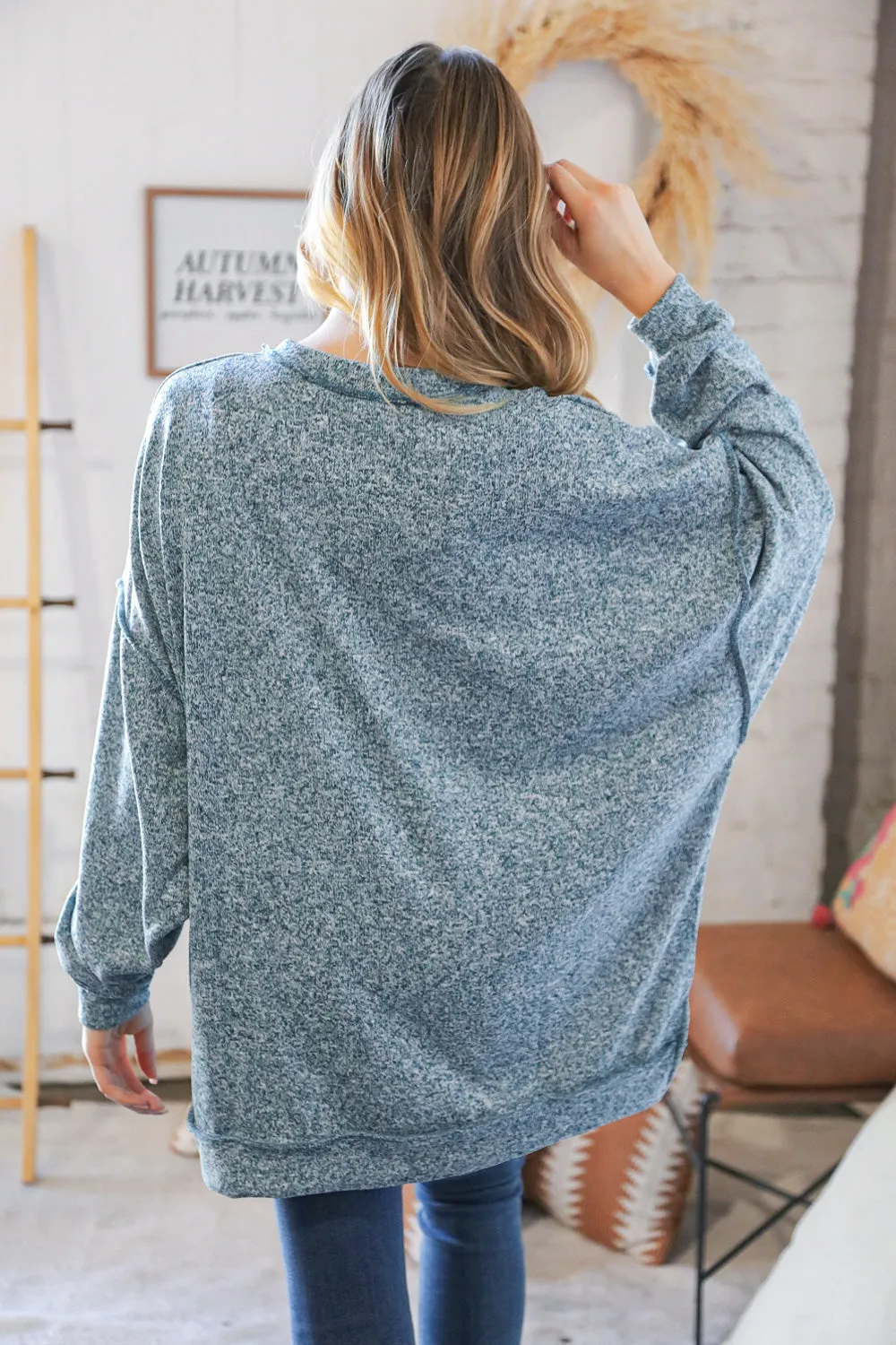 Teal Hi-Lo Drop Shoulder Outseam Pullover