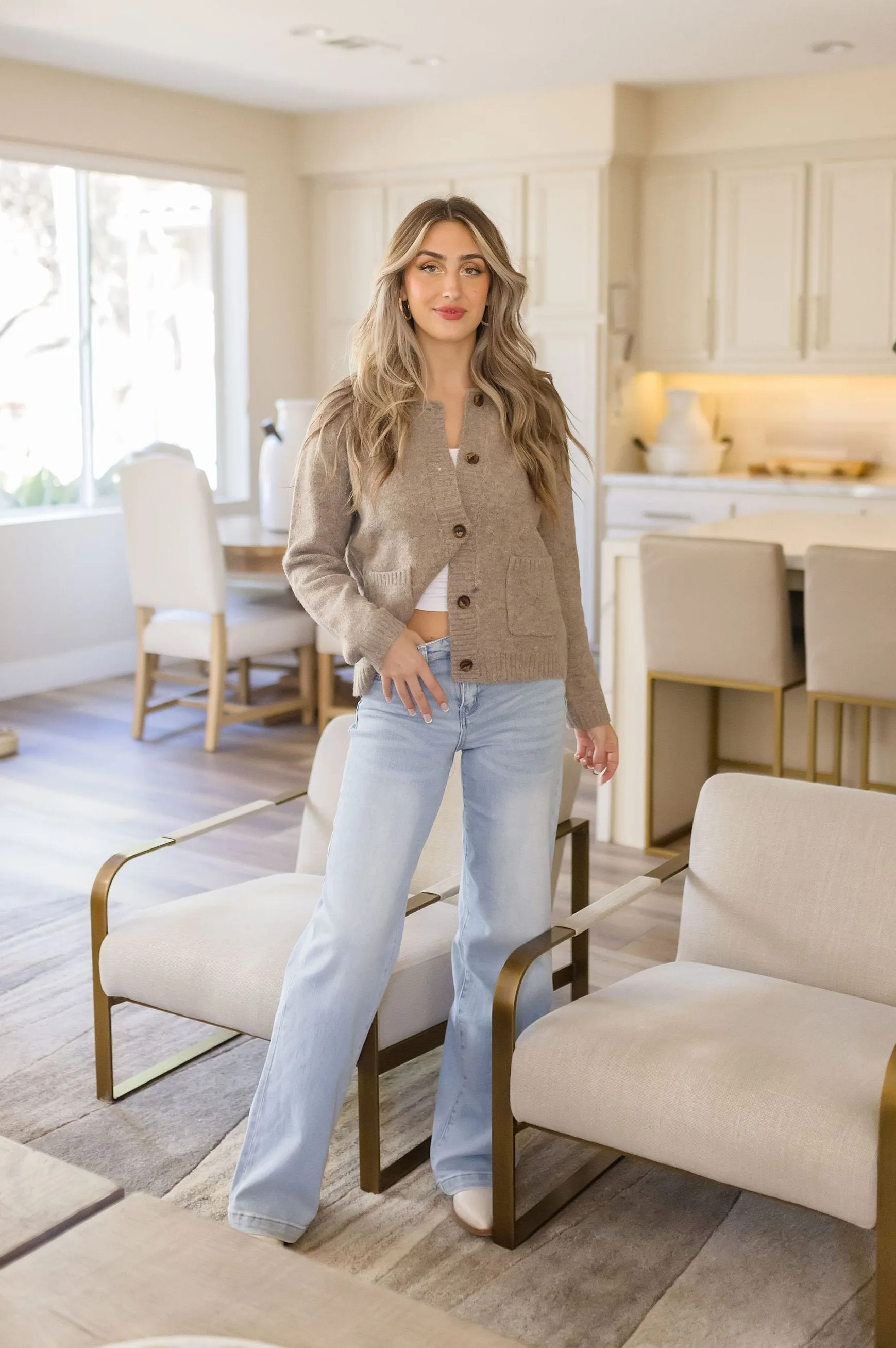Tinsley Long Sleeve Button Down Wool Cardigan Taupe