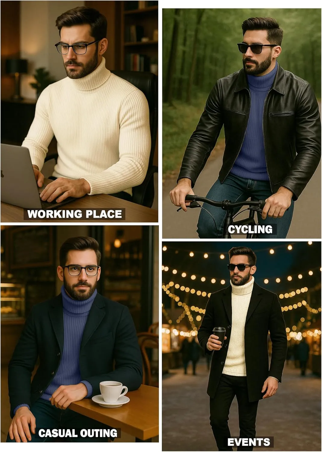 URBAN BUCK Turtleneck Men Shirt Long Sleeve Ribbed Knitted Casual TShirt Slim Fit Cotton Turtle Neck Pullover Sweater