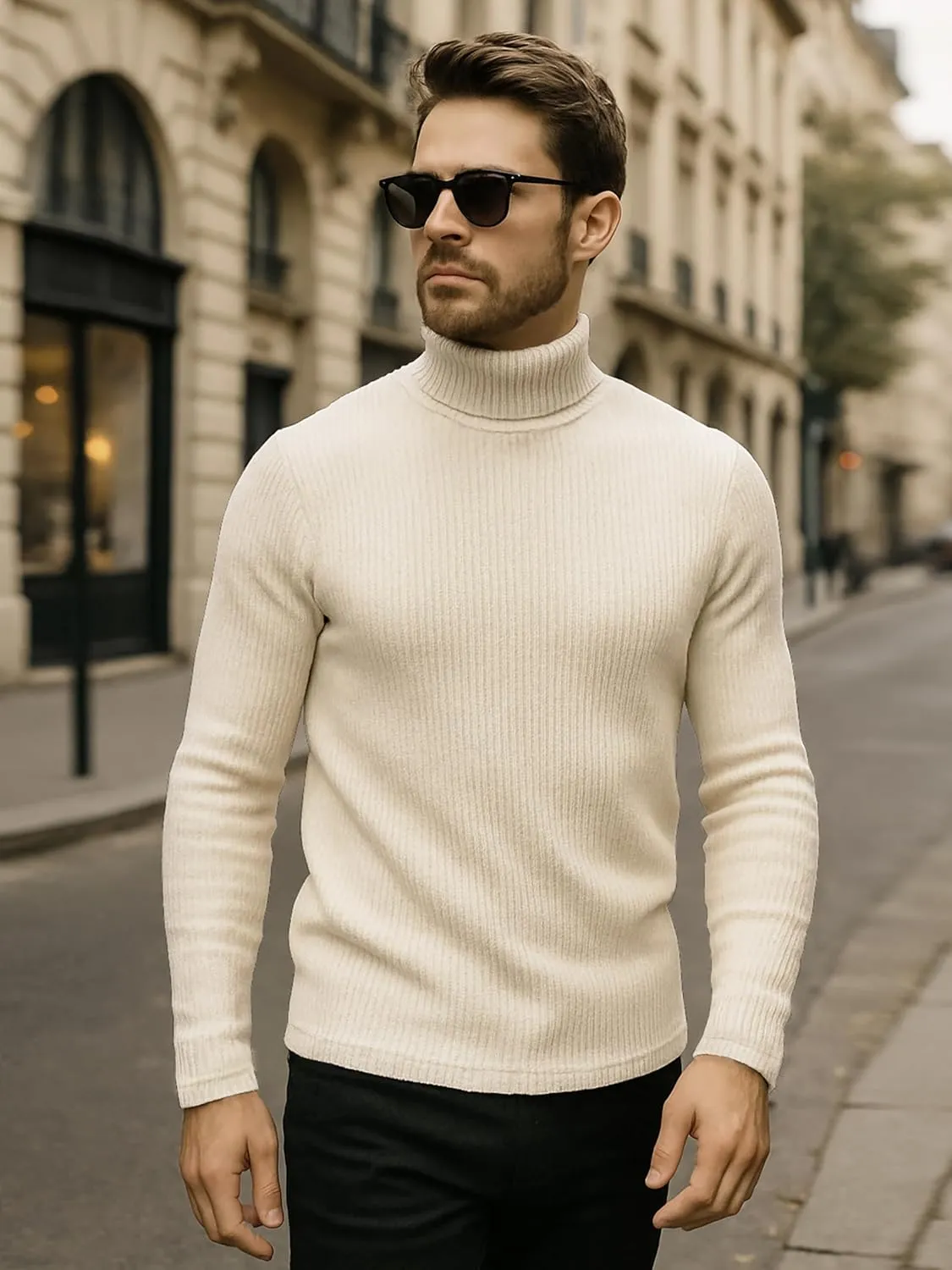 URBAN BUCK Turtleneck Men Shirt Long Sleeve Ribbed Knitted Casual TShirt Slim Fit Cotton Turtle Neck Pullover Sweater