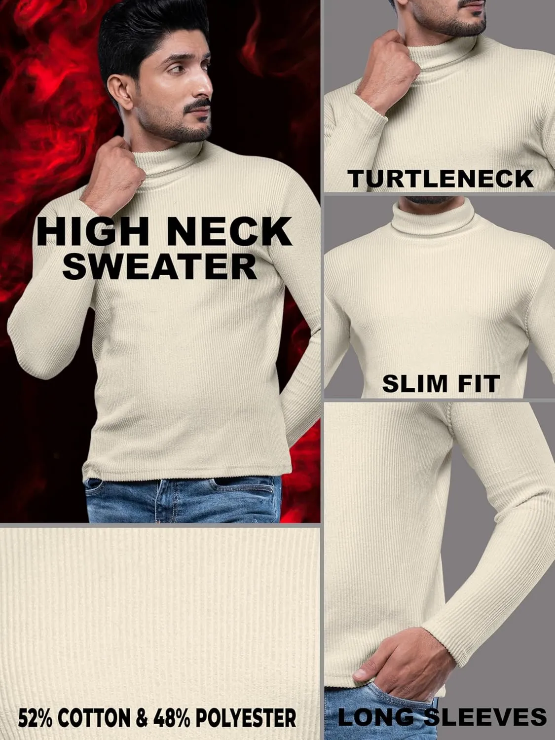 URBAN BUCK Turtleneck Men Shirt Long Sleeve Ribbed Knitted Casual TShirt Slim Fit Cotton Turtle Neck Pullover Sweater
