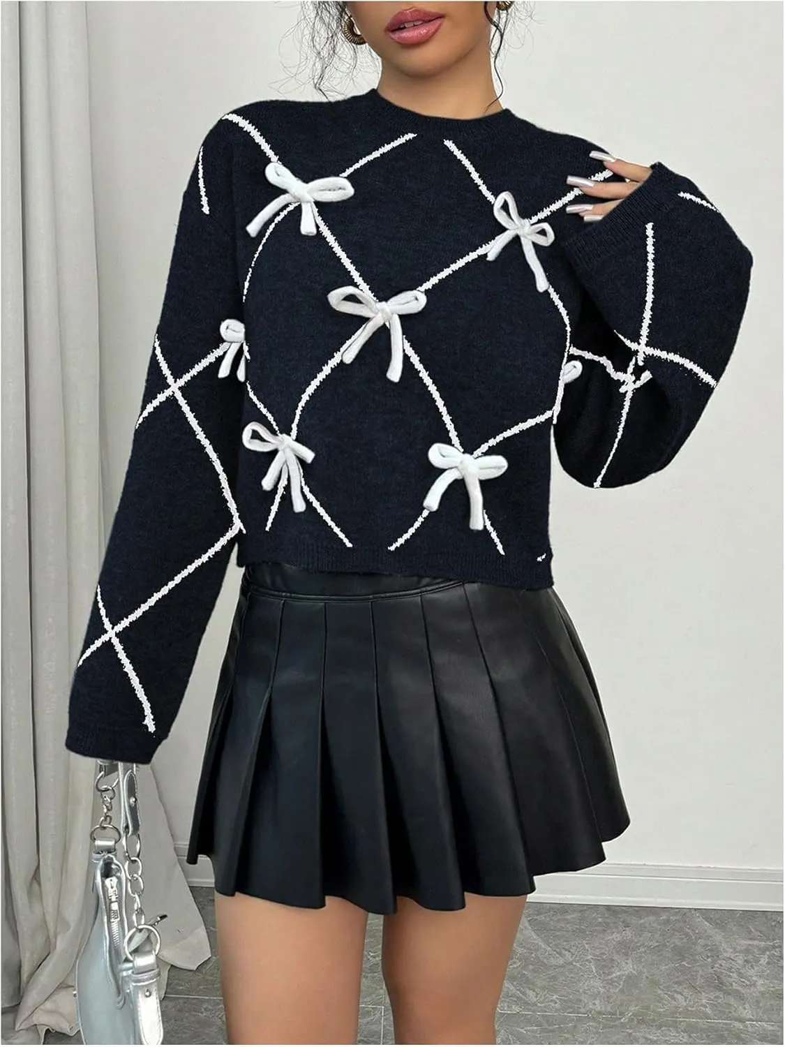 Verdusa Women's Bow Sweaters Long Sleeve Mock Neck Pullover Vintage Y2k Cropped Knit Tops