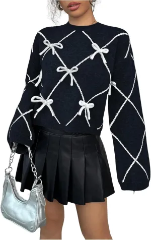 Verdusa Women's Bow Sweaters Long Sleeve Mock Neck Pullover Vintage Y2k Cropped Knit Tops