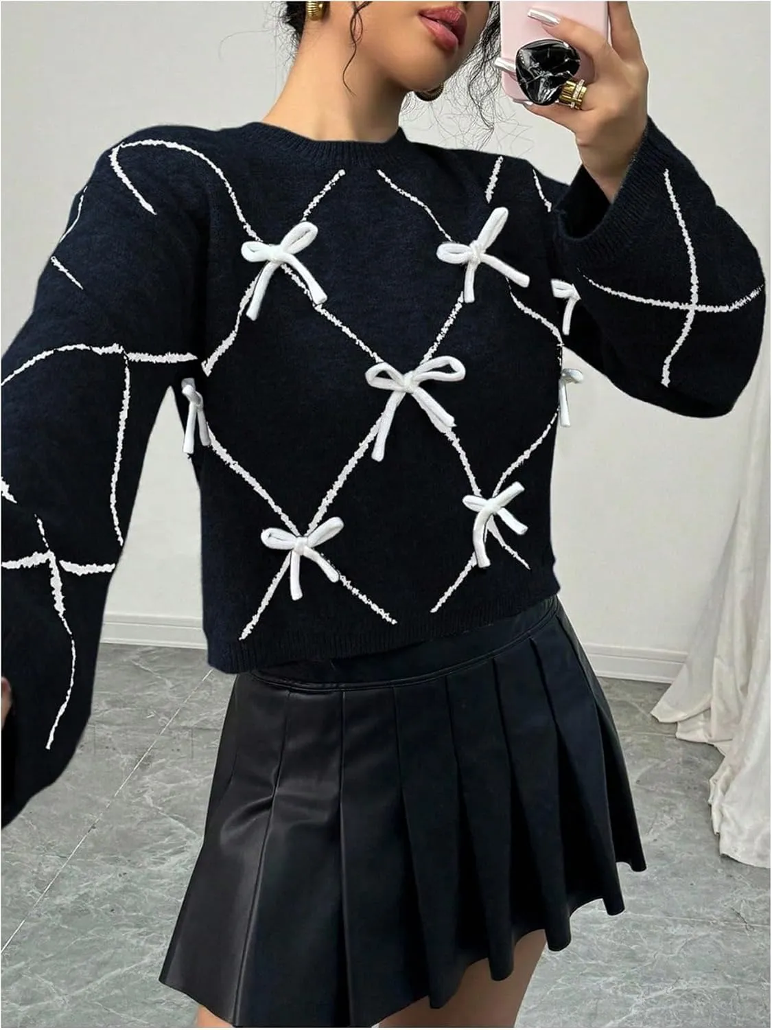 Verdusa Women's Bow Sweaters Long Sleeve Mock Neck Pullover Vintage Y2k Cropped Knit Tops