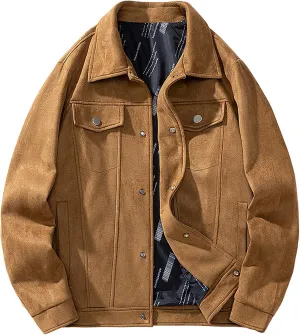 Vintage Trucker Suede Leather Jacket for Men Shirt Collar Jackets Western Style Cowboy Mens Faux Leather Coat Outwear