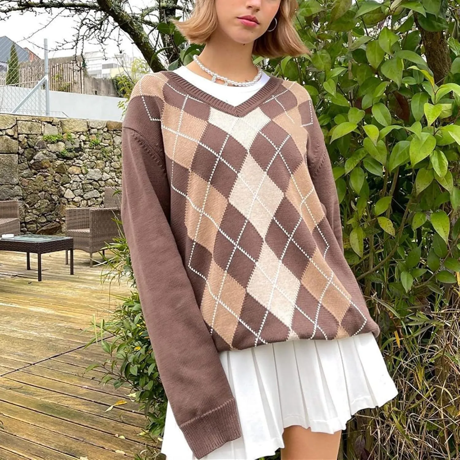 Women Y2K Argyle Striped Pullover Sweater Casual Long Sleeve Round Neck Vintage Preppy Style Pullover Knitwear