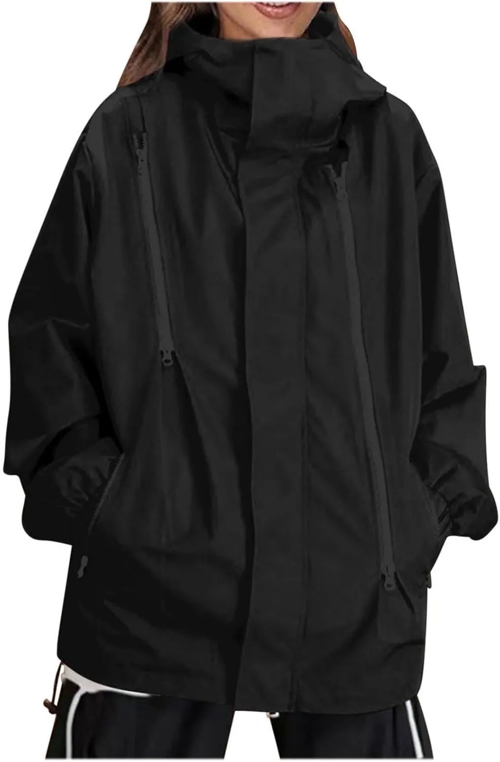 Womens Oversized Lightweight Rain Jacket Hooded Waterproof Active Y2K Cargo Style Windbreaker Zip Up Trendy Outwear