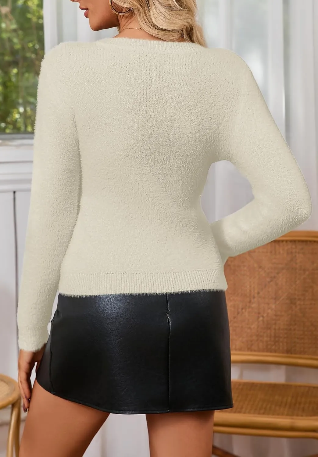 Women's Pullover Sweater Furry Cropped Long Sleeve V-Neck Loose Warm Knit Outwear Casual Sweater Tops