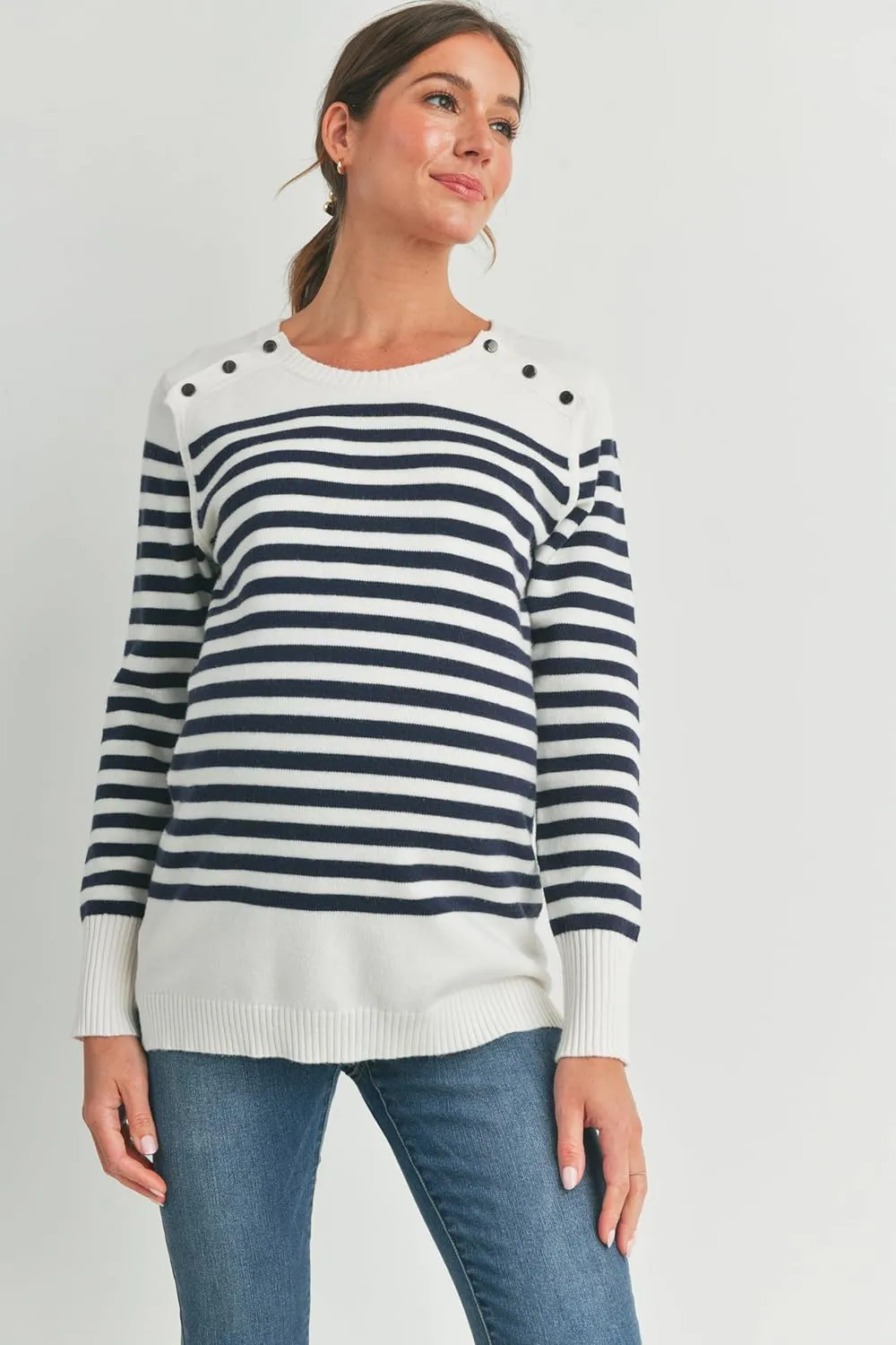 Womens Striped Long Sleeve Knitted Nursing Maternity Sweater Top