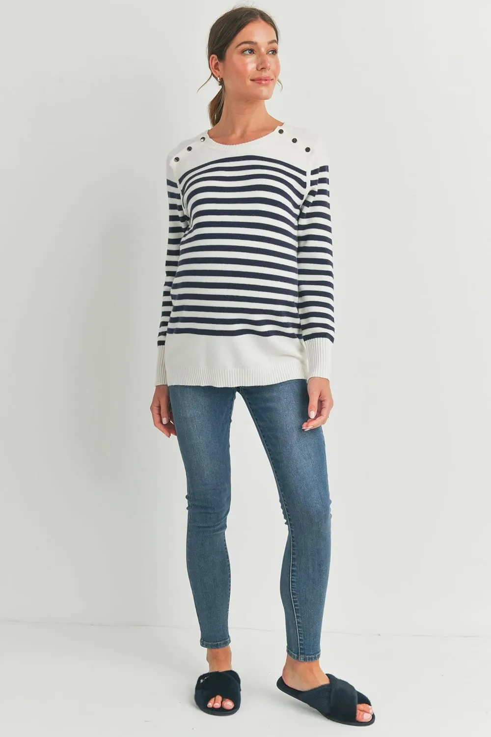 Womens Striped Long Sleeve Knitted Nursing Maternity Sweater Top