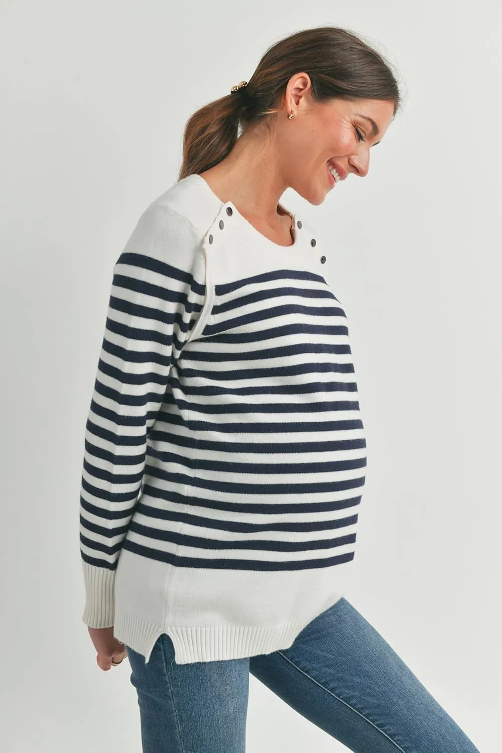 Womens Striped Long Sleeve Knitted Nursing Maternity Sweater Top