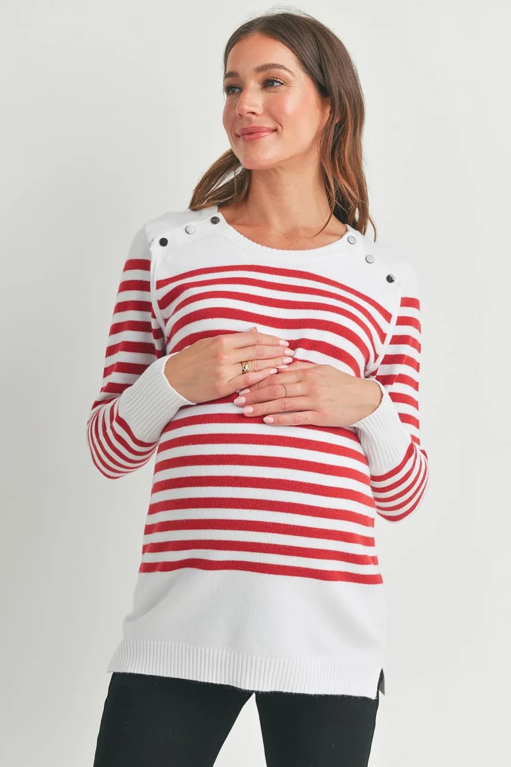 Womens Striped Long Sleeve Knitted Nursing Maternity Sweater Top